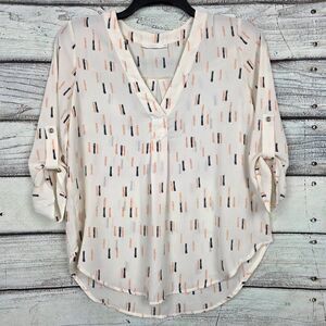 Lush Cream Patterned Blouse Roll Tab Sleeve Size S
